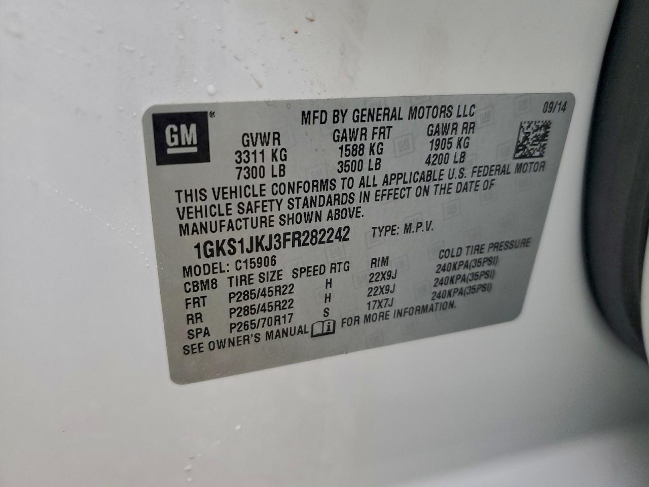 2015 GMC Yukon Xl Denali VIN: 1GKS1JKJ3FR282242 Lot: 94382995