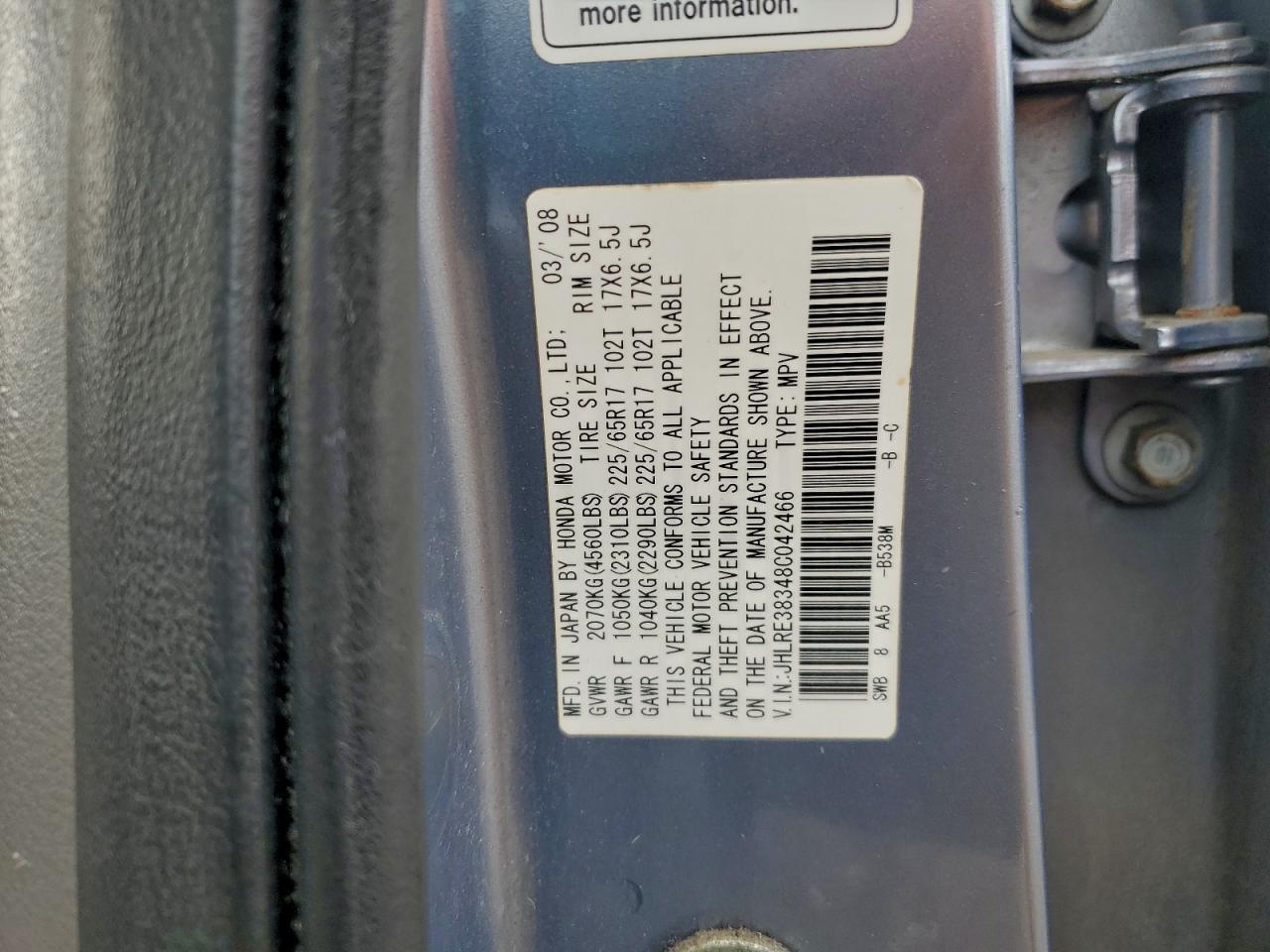 2008 Honda Cr-V Lx VIN: JHLRE38348C042466 Lot: 93210185