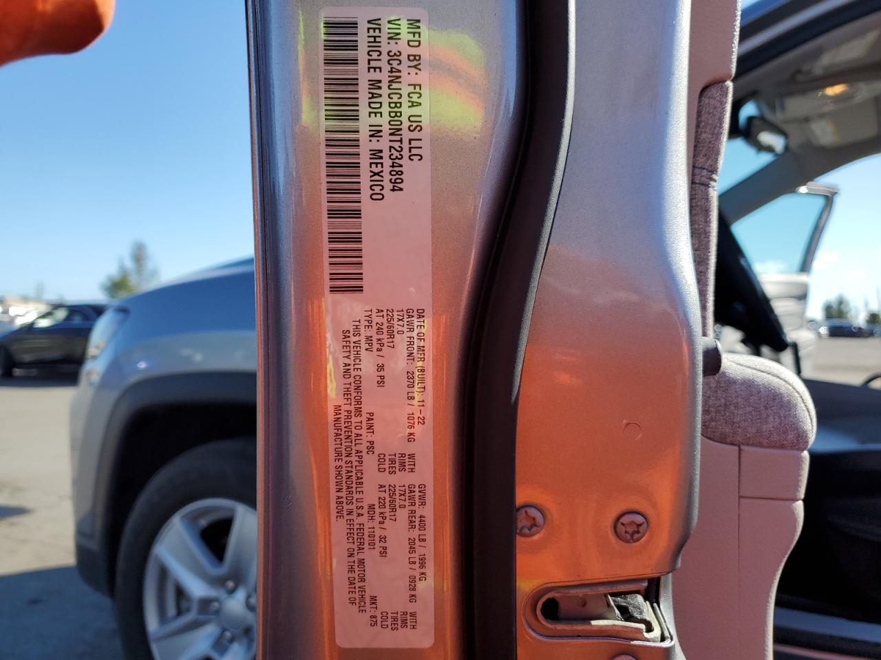 2022 Jeep Compass Latitude VIN: 3C4NJCBB0NT234894 Lot: 93182345