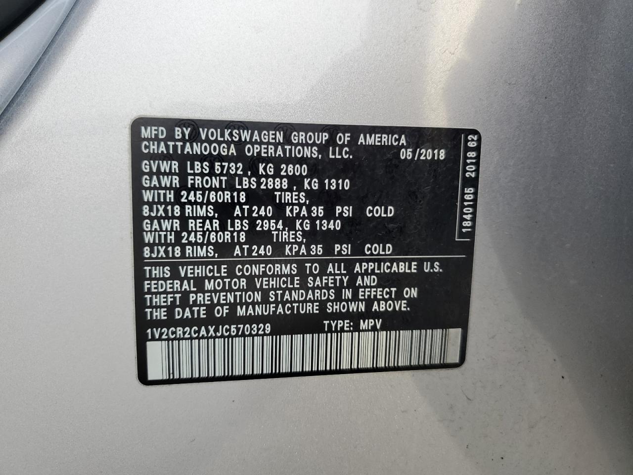 2018 Volkswagen Atlas Se VIN: 1V2CR2CAXJC570329 Lot: 92214615