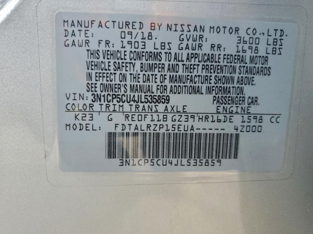 2018 Nissan Kicks S VIN: 3N1CP5CU4JL535859 Lot: 94248005