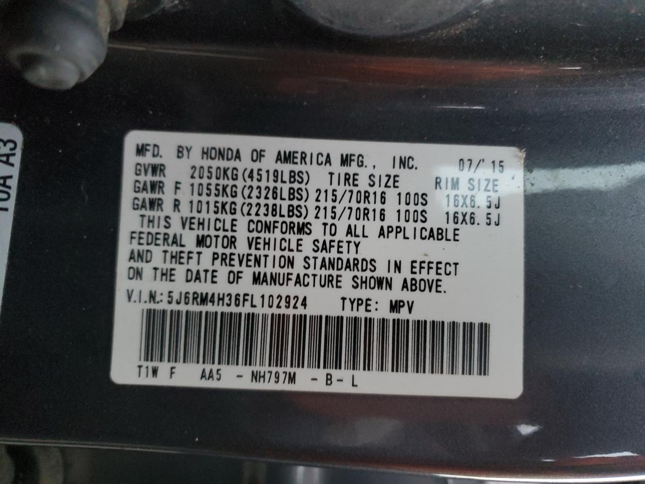 2015 Honda Cr-V Lx VIN: 5J6RM4H36FL102924 Lot: 92398445