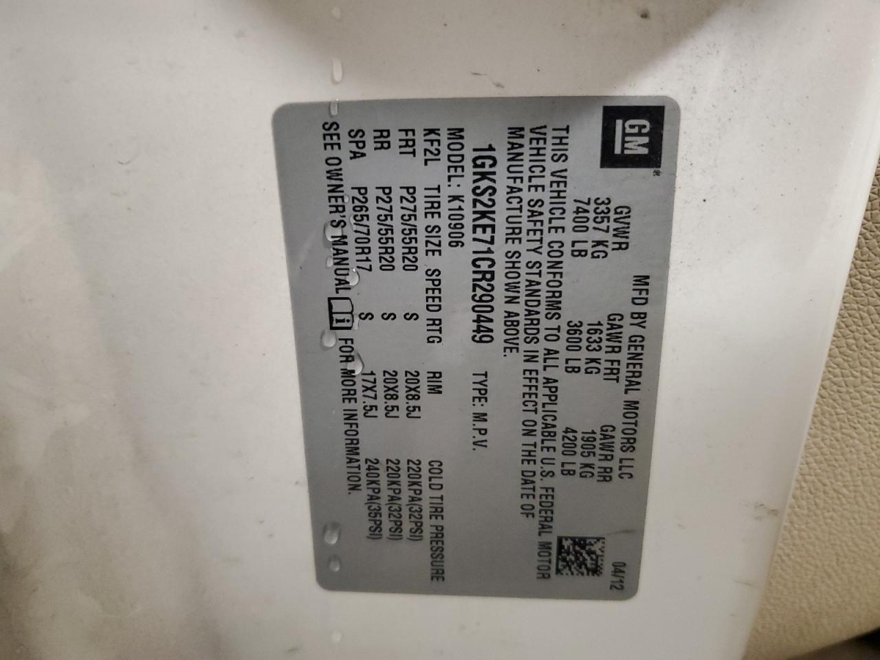 2012 GMC Yukon Xl K1500 Slt VIN: 1GKS2KE71CR290449 Lot: 93007425