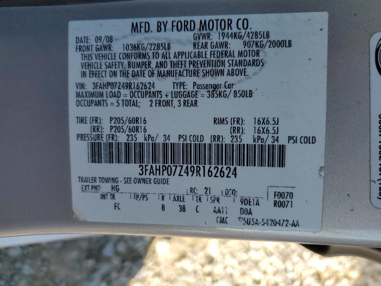 2009 Ford Fusion Se VIN: 3FAHP07Z49R162624 Lot: 90516815