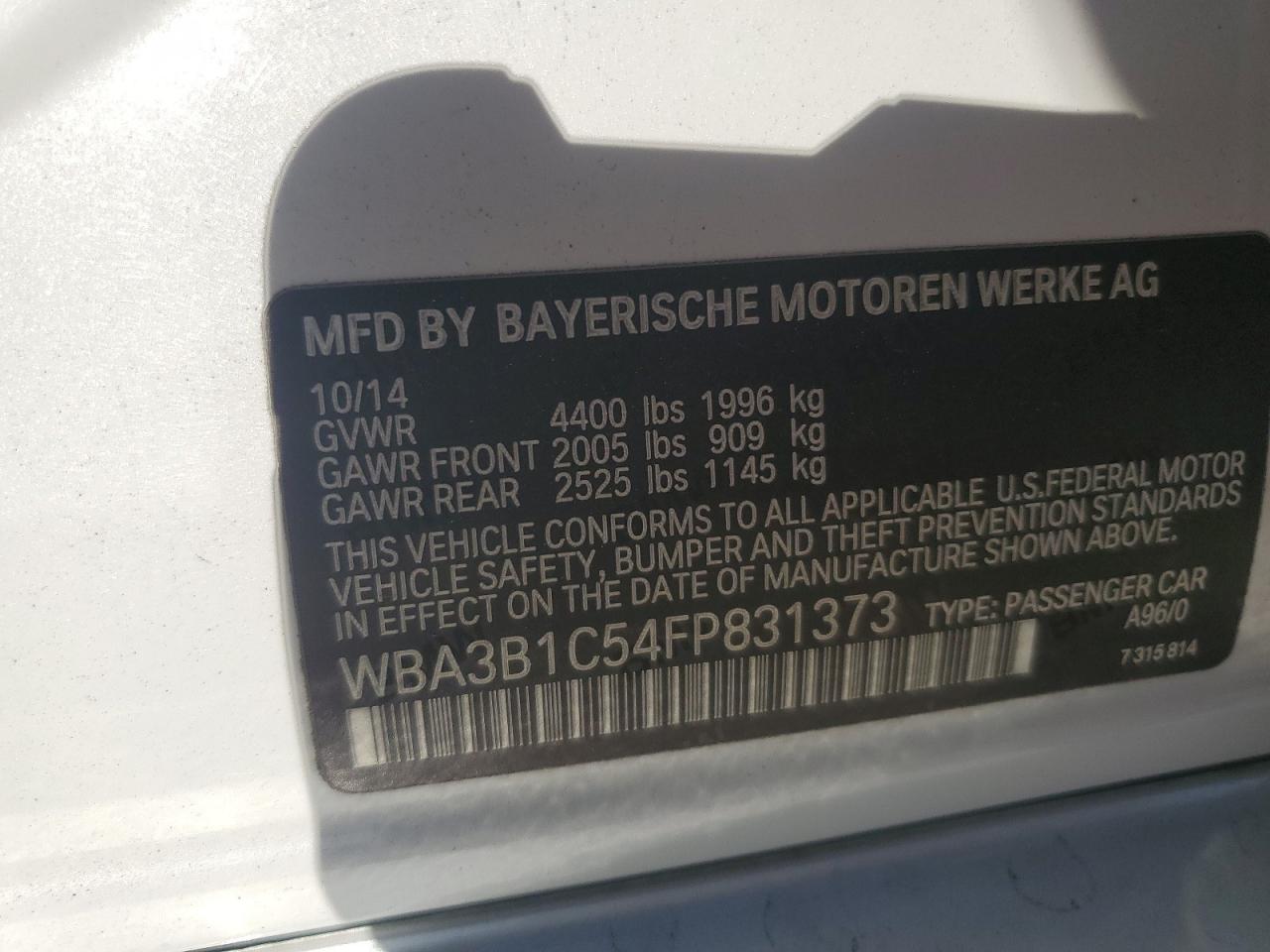 2015 BMW 320 I VIN: WBA3B1C54FP831373 Lot: 91519015