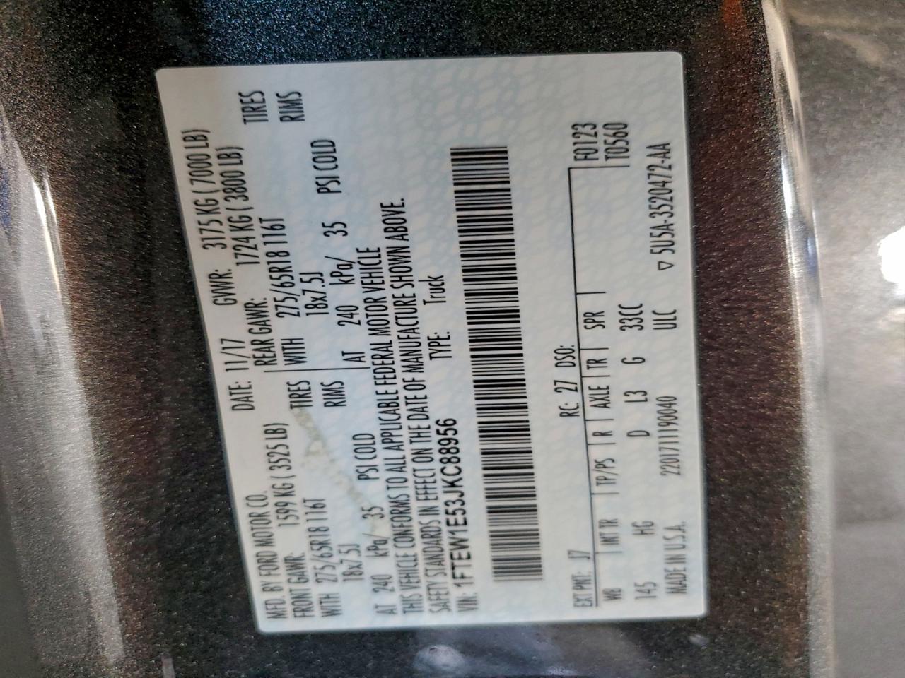 2018 Ford F150 Supercrew VIN: 1FTEW1E53JKC88956 Lot: 92753705