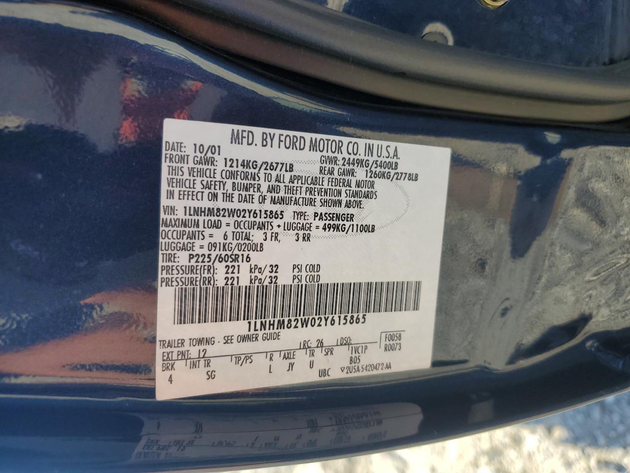 2002 Lincoln Town Car Signature VIN: 1LNHM82W02Y615865 Lot: 91228635