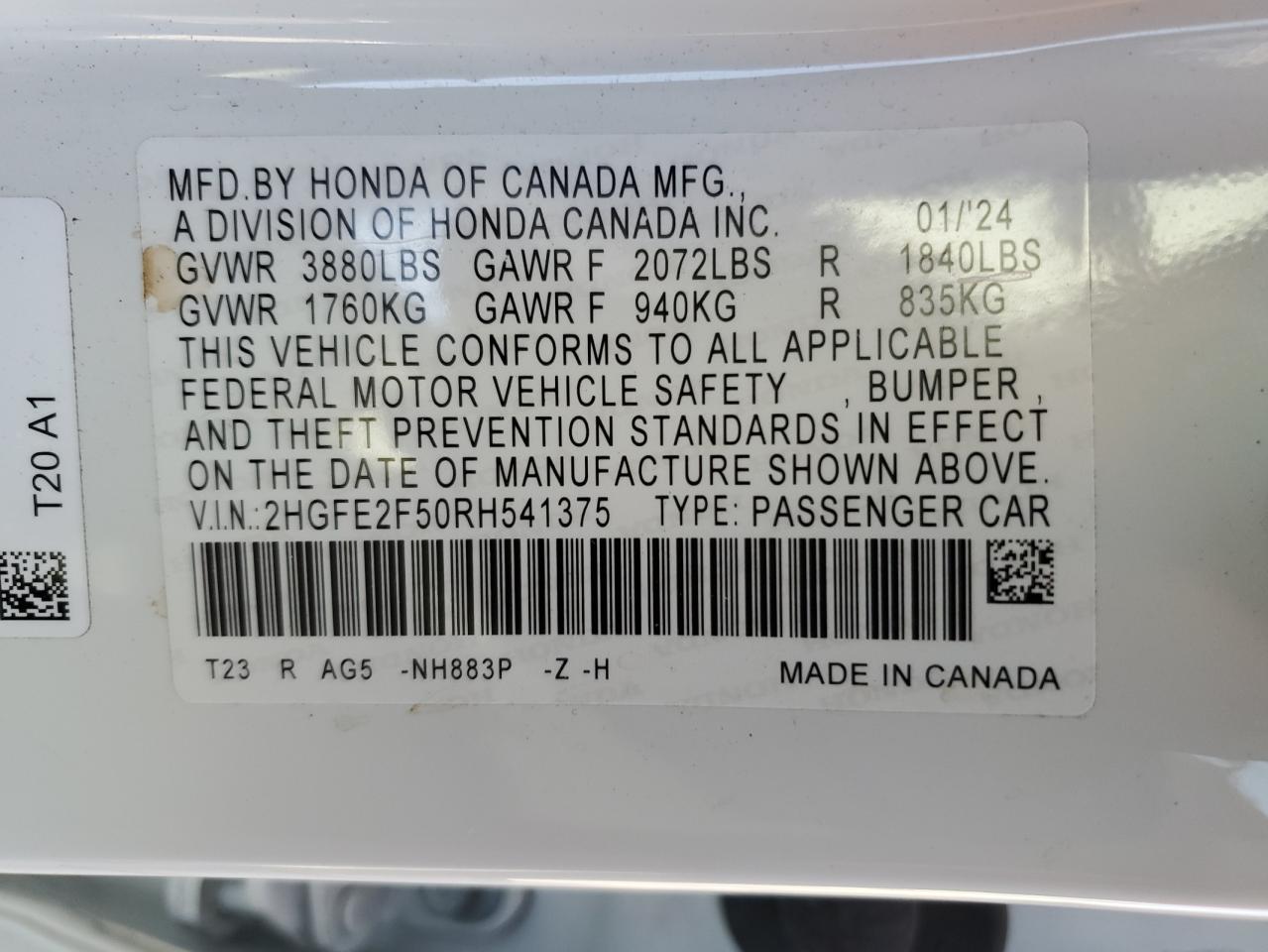 2024 Honda Civic Sport VIN: 2HGFE2F50RH541375 Lot: 91361585