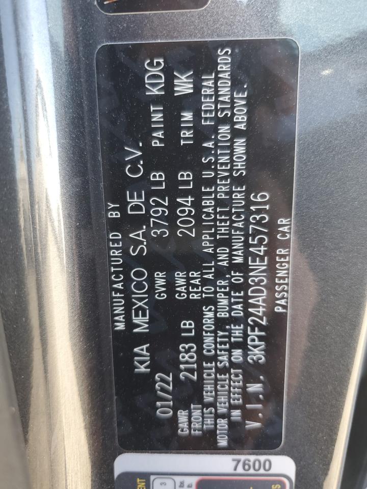 2022 Kia Forte Fe VIN: 3KPF24AD3NE457316 Lot: 93085715