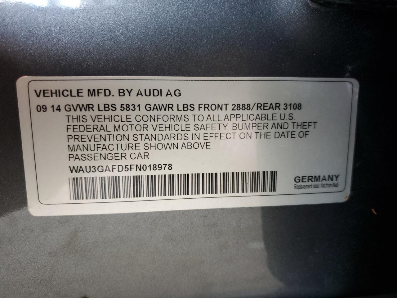 2015 Audi A8 L Quattro VIN: WAU3GAFD5FN018978 Lot: 92900885