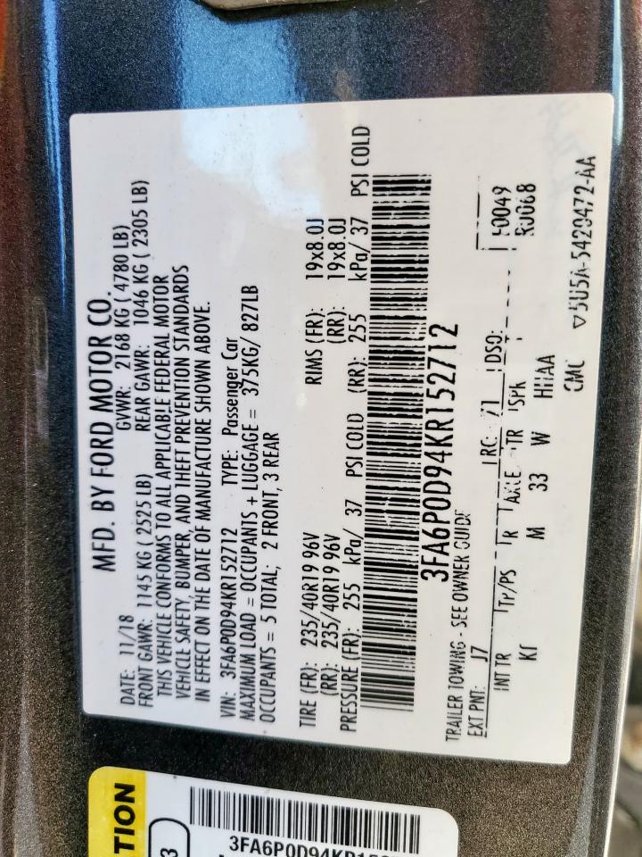 2019 Ford Fusion Titanium VIN: 3FA6P0D94KR152712 Lot: 92259635