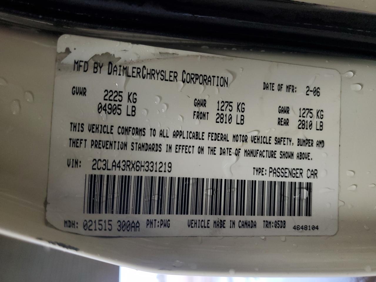 2006 Chrysler 300 VIN: 2C3LA43RX6H331219 Lot: 92049375