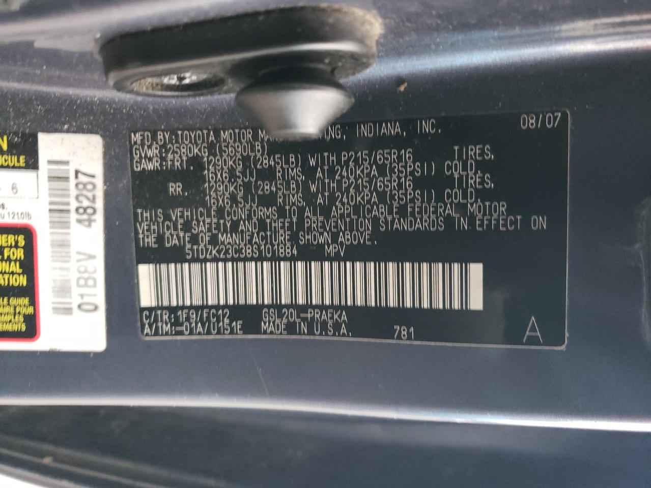 2008 Toyota Sienna Ce VIN: 5TDZK23C38S101884 Lot: 93301595