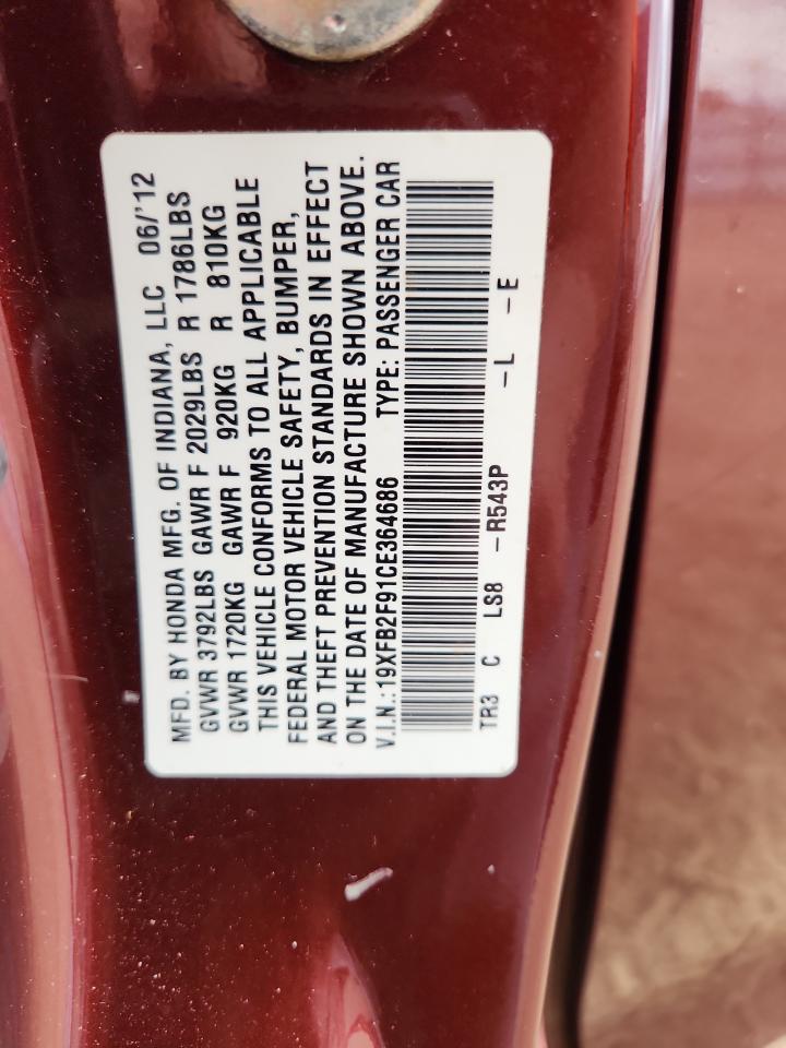 2012 Honda Civic Exl VIN: 19XFB2F91CE364686 Lot: 92225035
