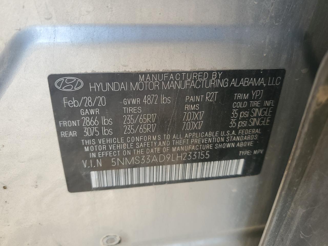 2020 Hyundai Santa Fe Sel VIN: 5NMS33AD9LH233155 Lot: 92585565