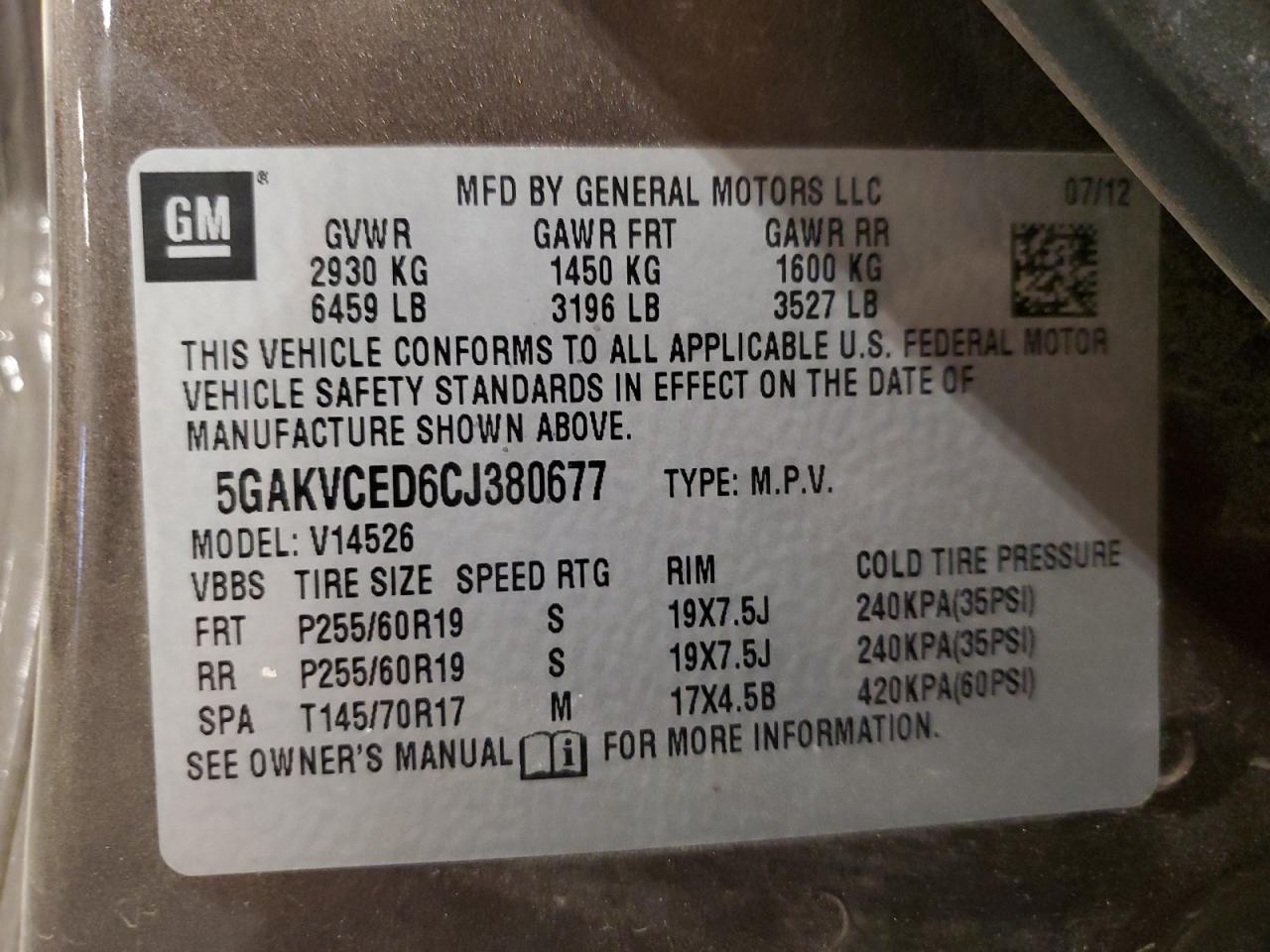 2012 Buick Enclave VIN: 5GAKVCED6CJ380677 Lot: 93732105