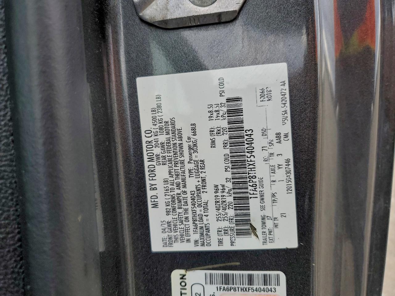 2015 Ford Mustang VIN: 1FA6P8THXF5404043 Lot: 94025245