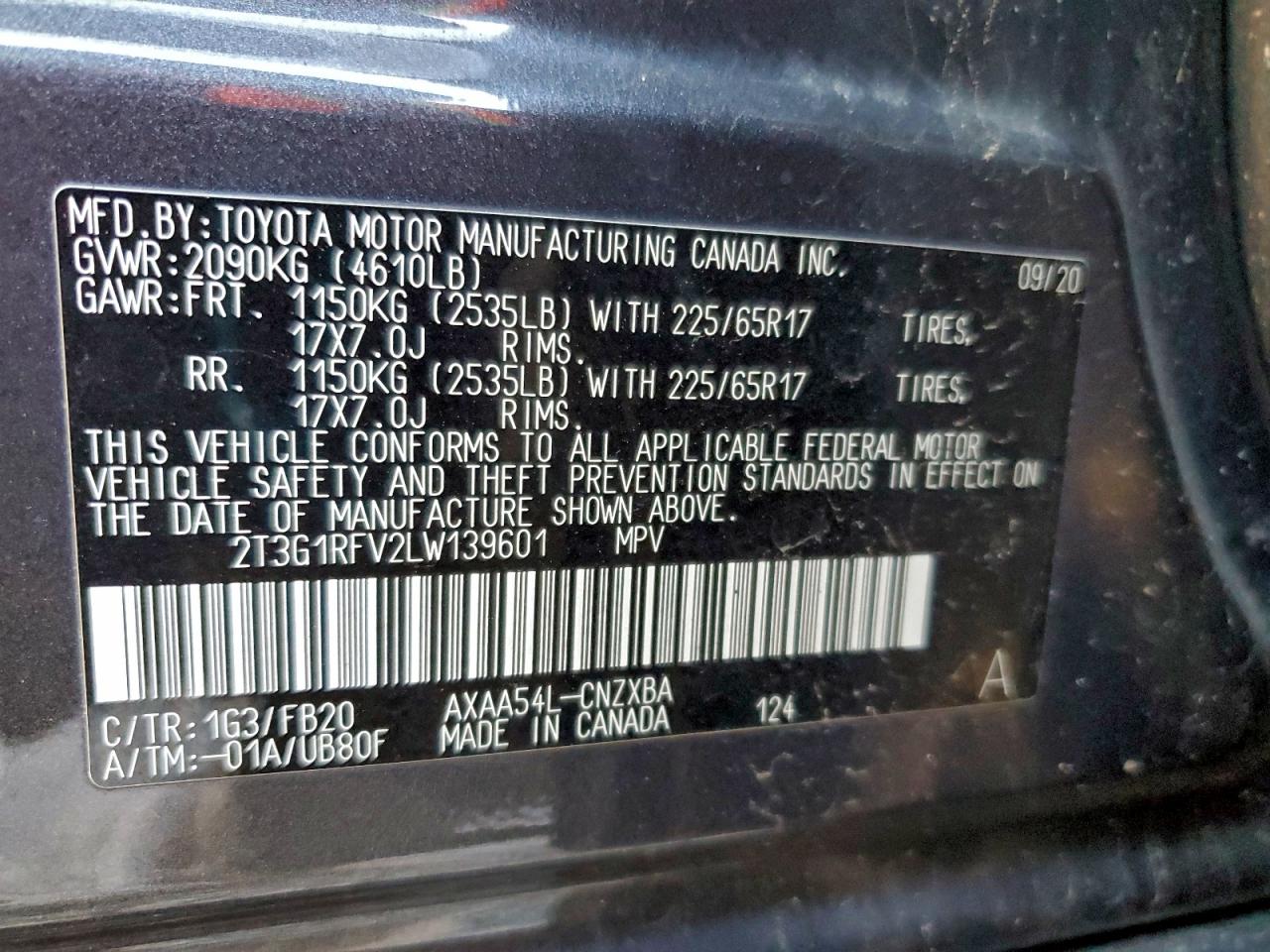 2020 Toyota Rav4 Le VIN: 2T3G1RFV2LW139601 Lot: 94547515