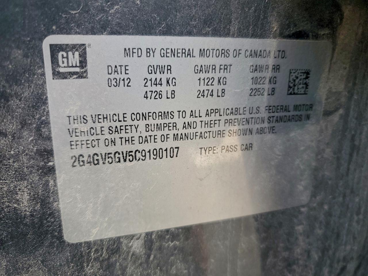 2012 Buick Regal Gs VIN: 2G4GV5GV5C9190107 Lot: 93647205