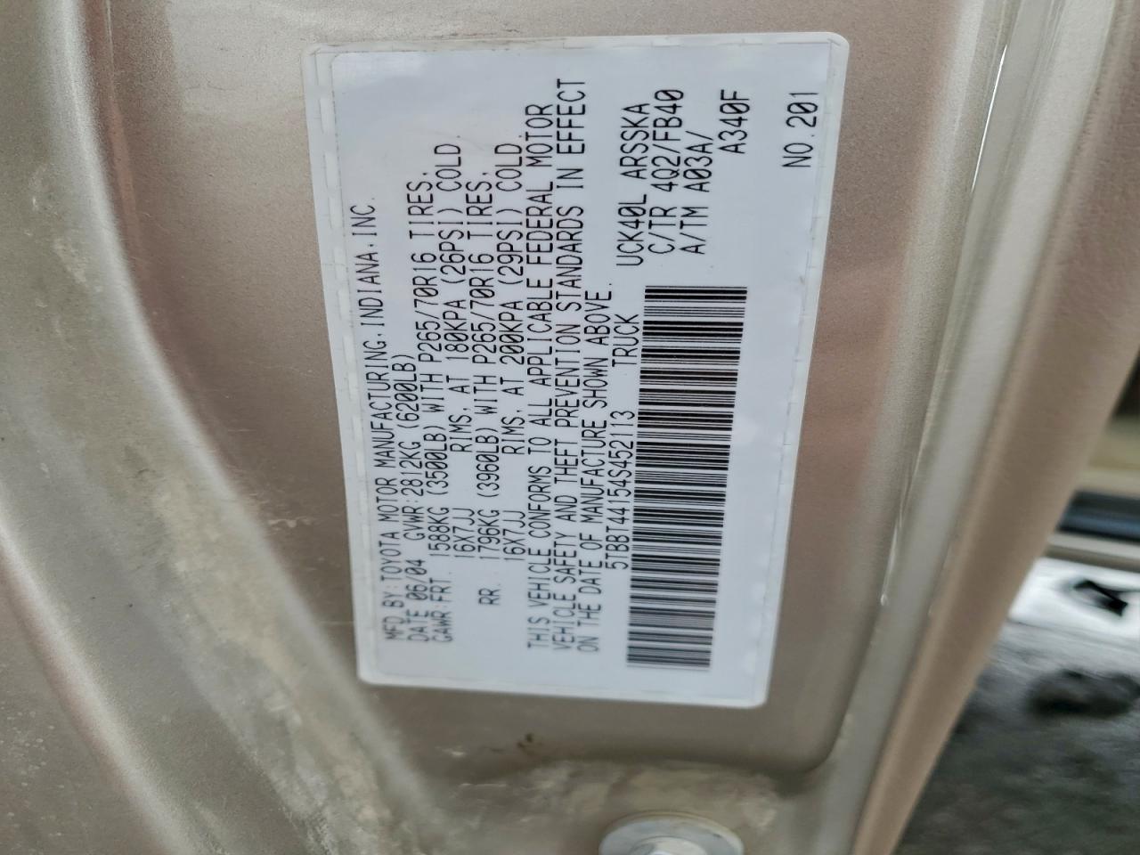 2004 Toyota Tundra Access Cab Sr5 VIN: 5TBBT44154S452113 Lot: 93890635