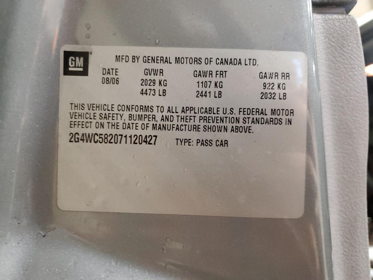 2007 Buick Lacrosse Cx VIN: 2G4WC582071120427 Lot: 93529215