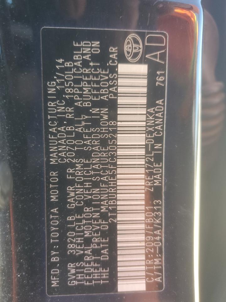 2015 Toyota Corolla L VIN: 2T1BURHE5FC305218 Lot: 91780395