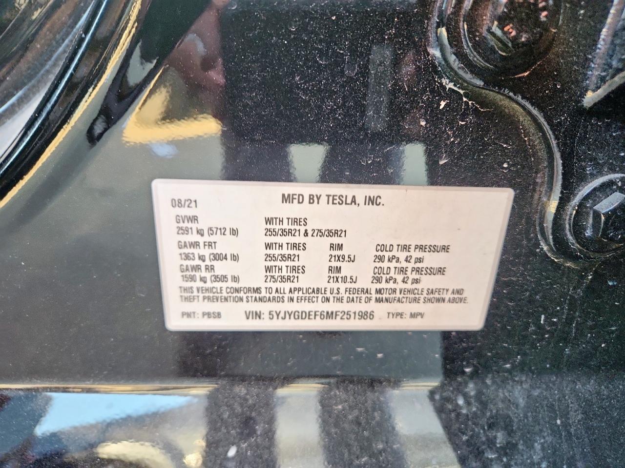 2021 Tesla Model Y VIN: 5YJYGDEF6MF251986 Lot: 91897185