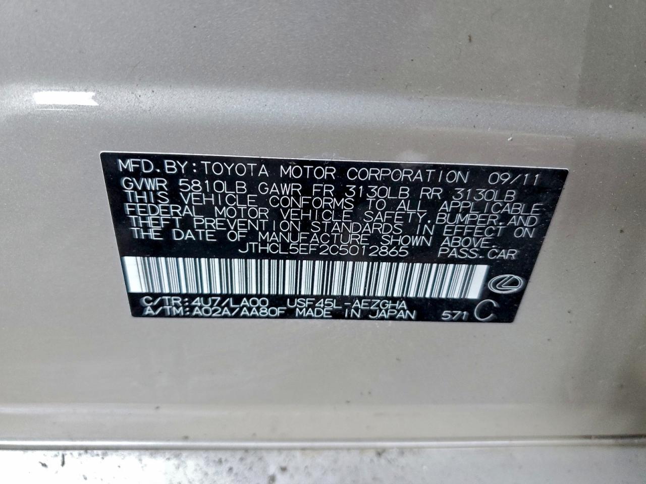 2012 Lexus Ls 460 VIN: JTHCL5EF2C5012865 Lot: 94292905