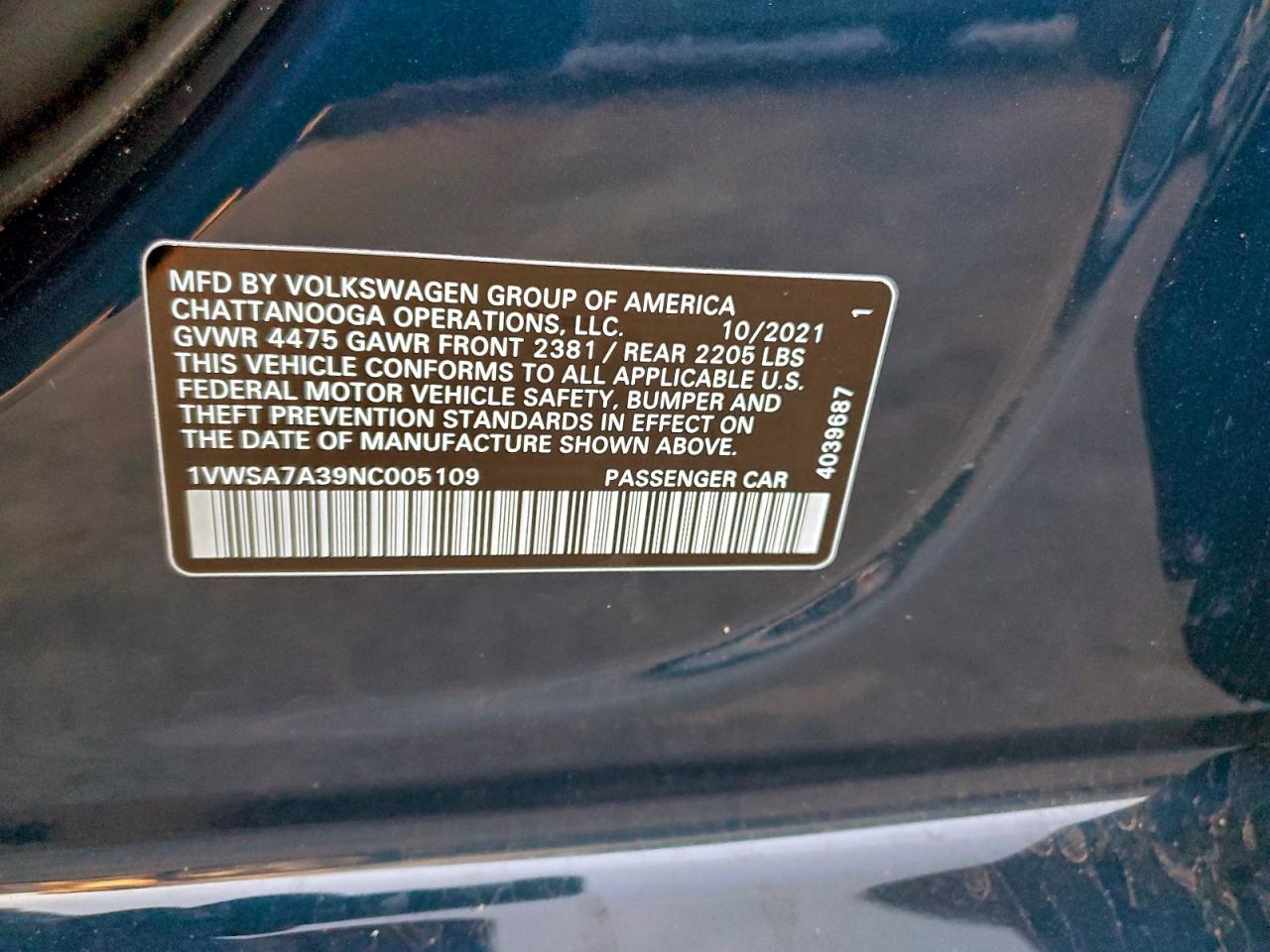 2022 Volkswagen Passat Se VIN: 1VWSA7A39NC005109 Lot: 93778885