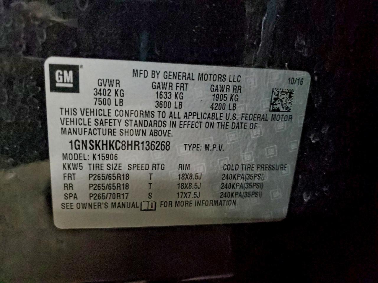 2017 Chevrolet Suburban K1500 Lt VIN: 1GNSKHKC8HR136268 Lot: 93458555