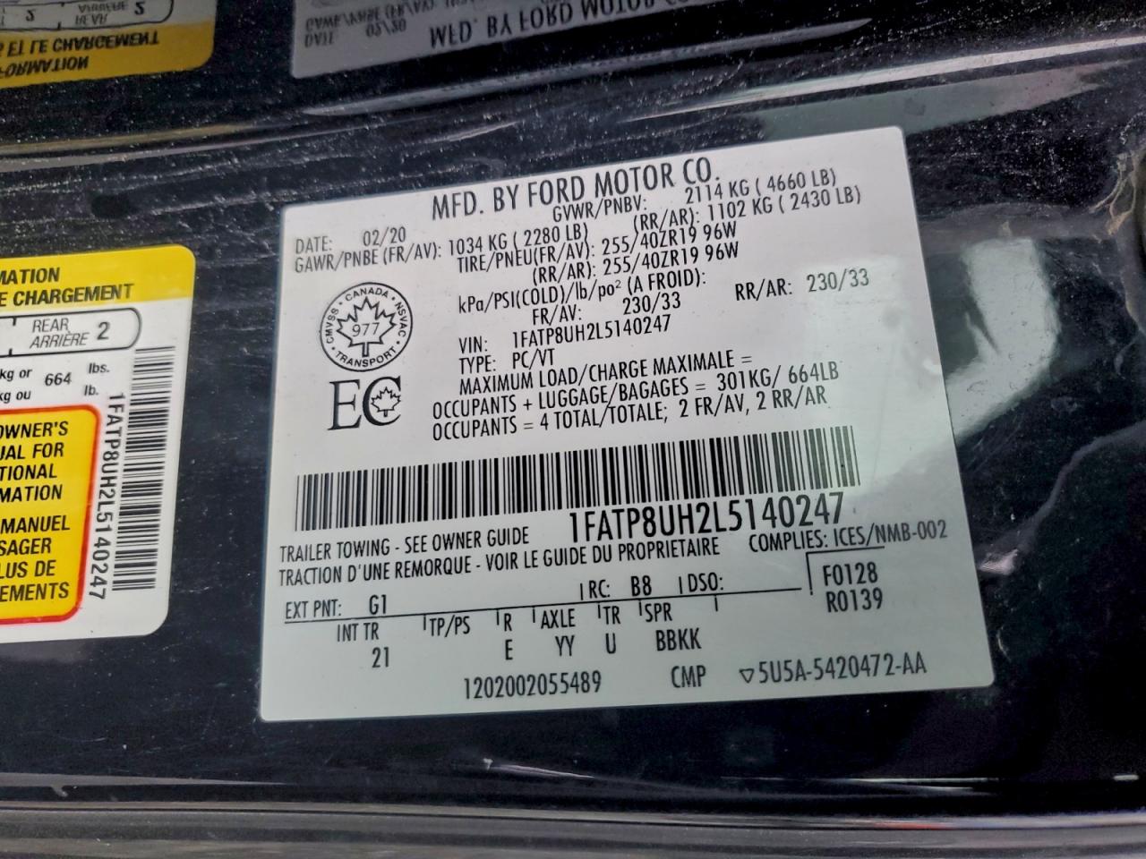 2020 Ford Mustang VIN: 1FATP8UH2L5140247 Lot: 94141095