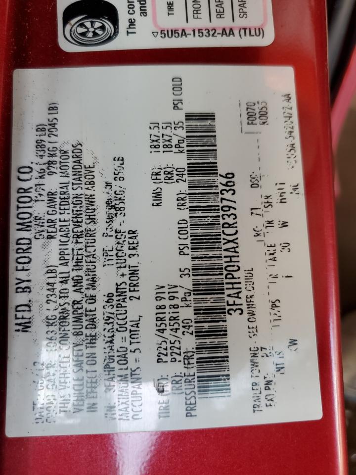 2012 Ford Fusion Se VIN: 3FAHP0HAXCR397366 Lot: 87108815