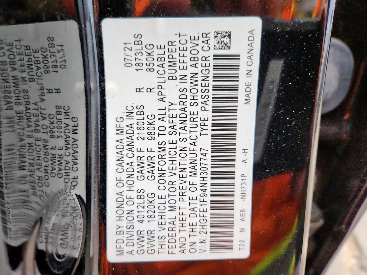 2022 Honda Civic Touring VIN: 2HGFE1F94NH307747 Lot: 90941735