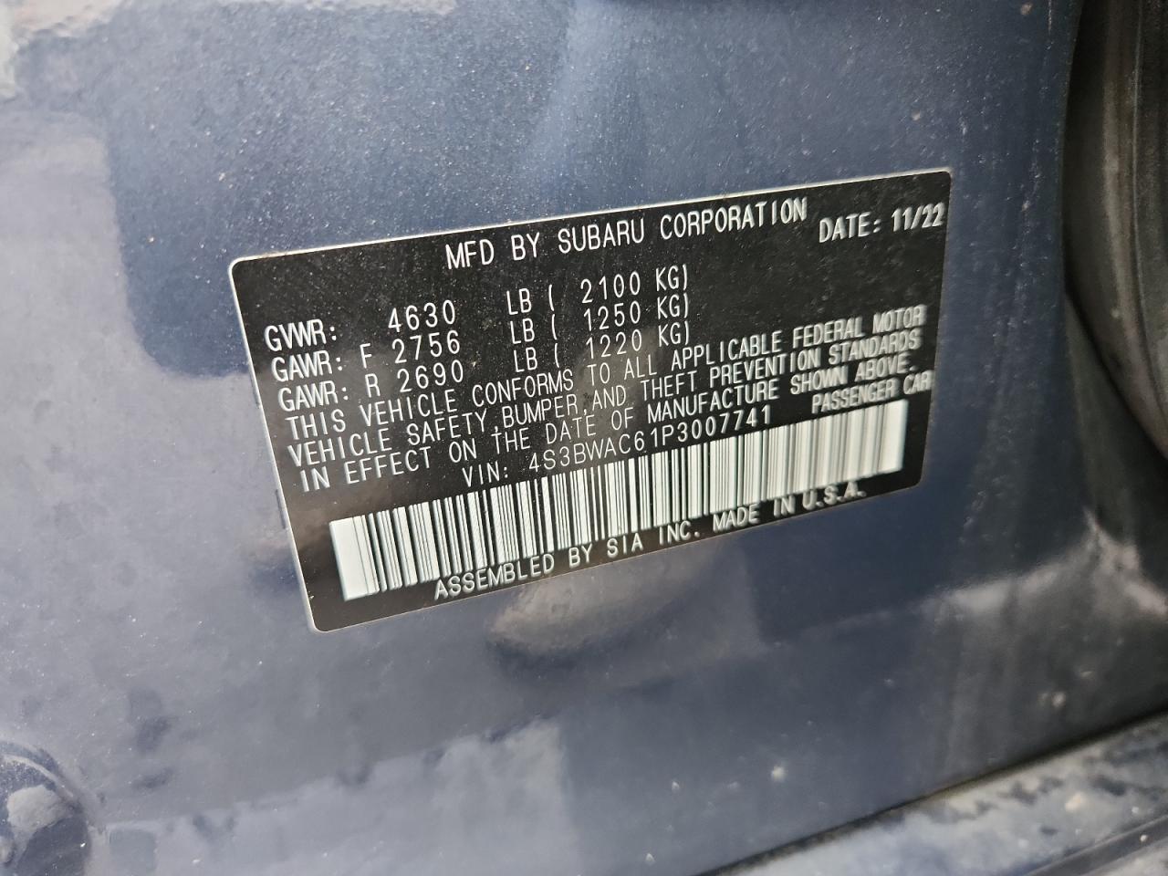 2023 Subaru Legacy Premium VIN: 4S3BWAC61P3007741 Lot: 91768515