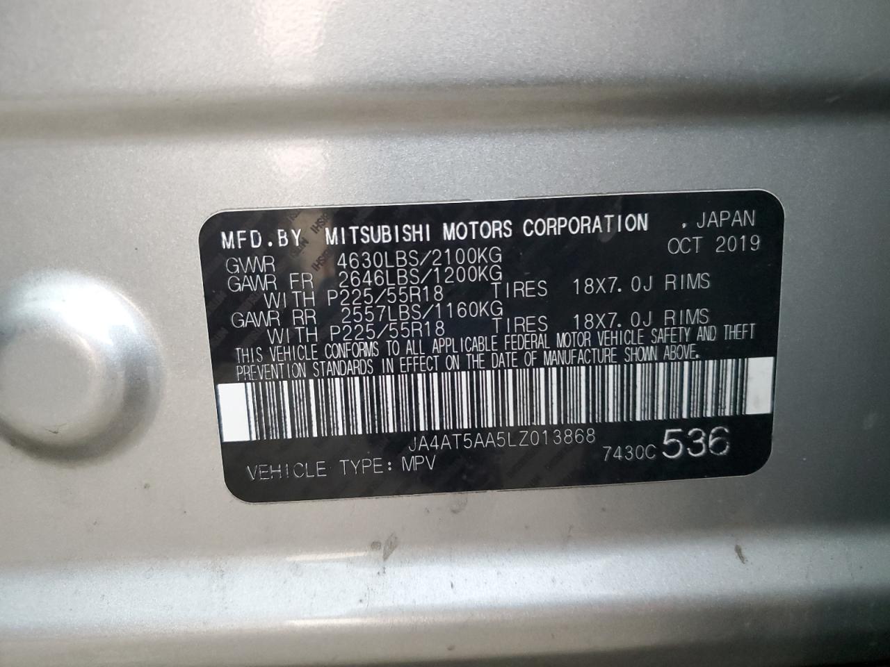 2020 Mitsubishi Eclipse Cross Se VIN: JA4AT5AA5LZ013868 Lot: 92373305