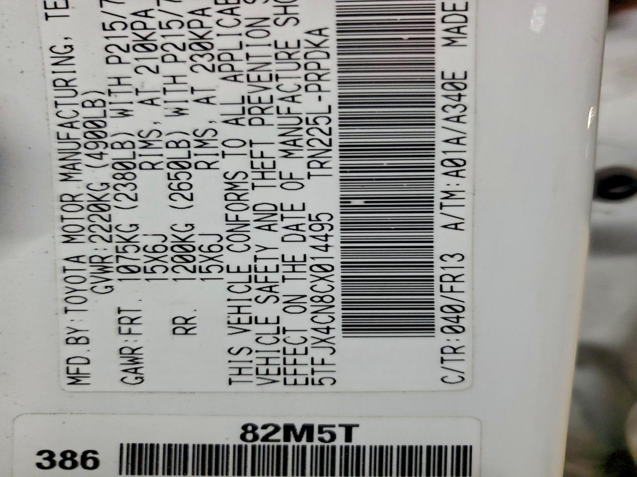 2012 Toyota Tacoma Double Cab VIN: 5TFJX4CN8CX014495 Lot: 95227525