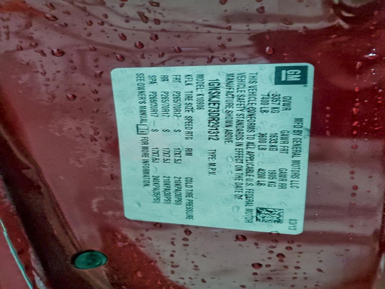 2013 Chevrolet Suburban K1500 Lt VIN: 1GNSKJE73DR291312 Lot: 93508025