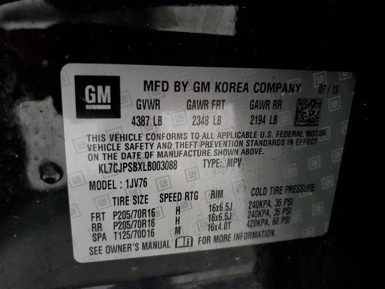 2020 Chevrolet Trax 1Lt VIN: KL7CJPSBXLB003088 Lot: 93174055