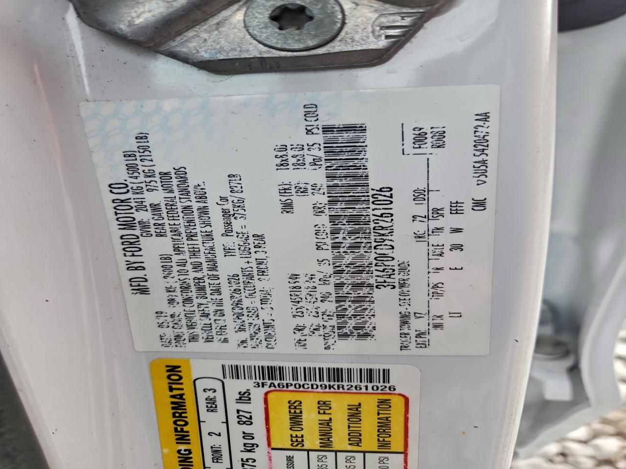 2019 Ford Fusion Sel VIN: 3FA6P0CD9KR261026 Lot: 92761865