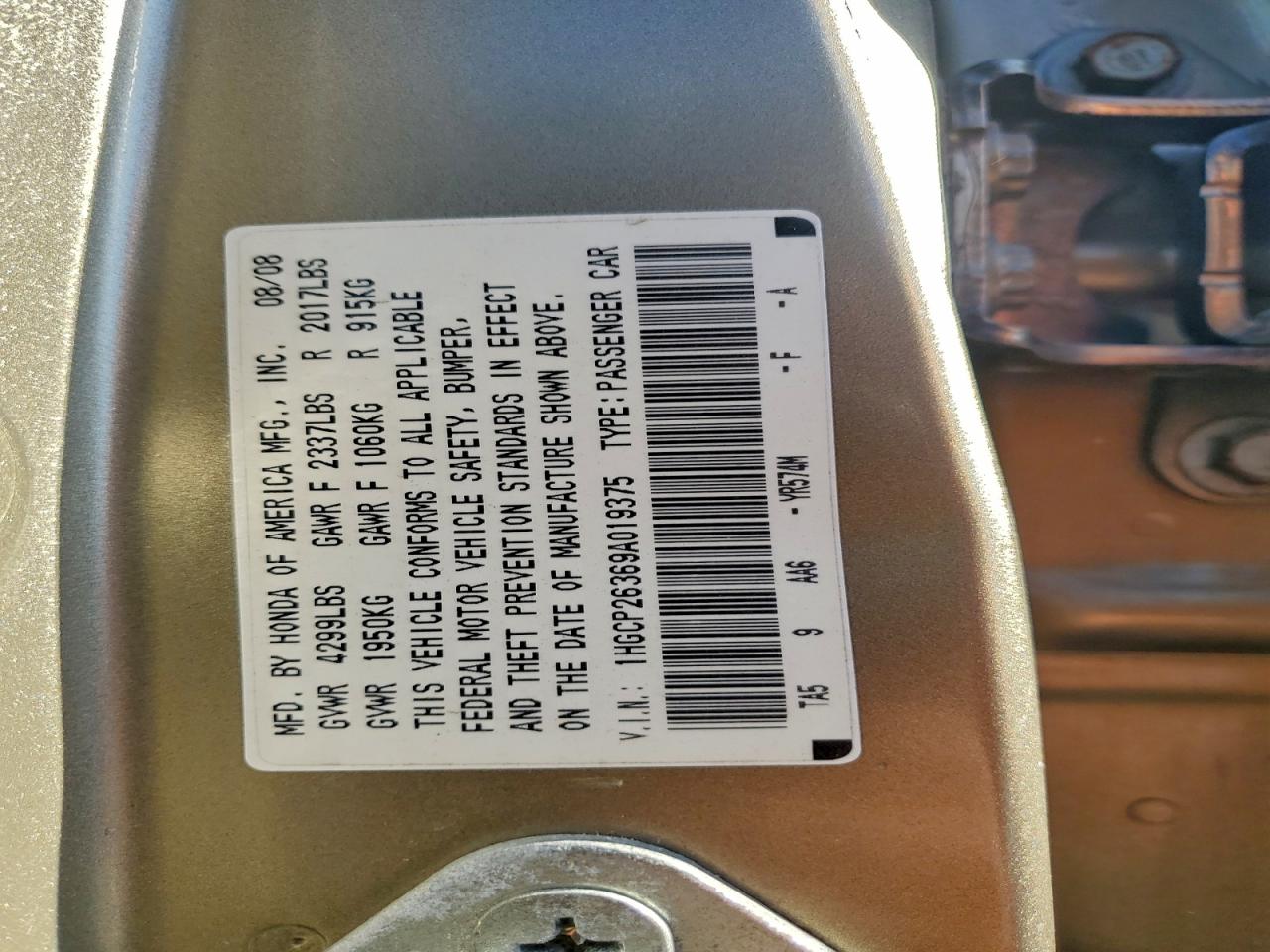 2009 Honda Accord Lx VIN: 1HGCP26369A019375 Lot: 92512545