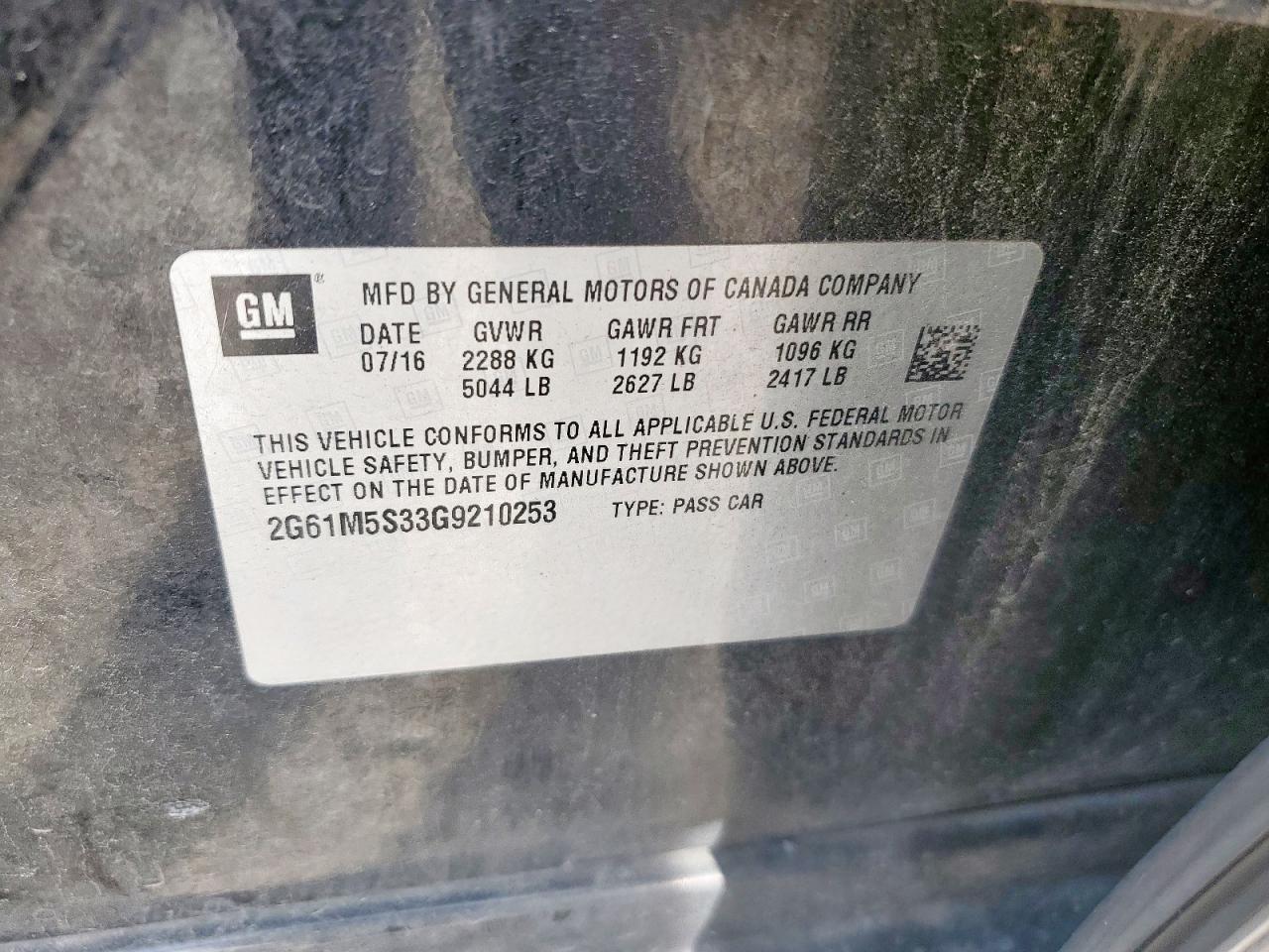 2016 Cadillac Xts Luxury Collection VIN: 2G61M5S33G9210253 Lot: 92989615