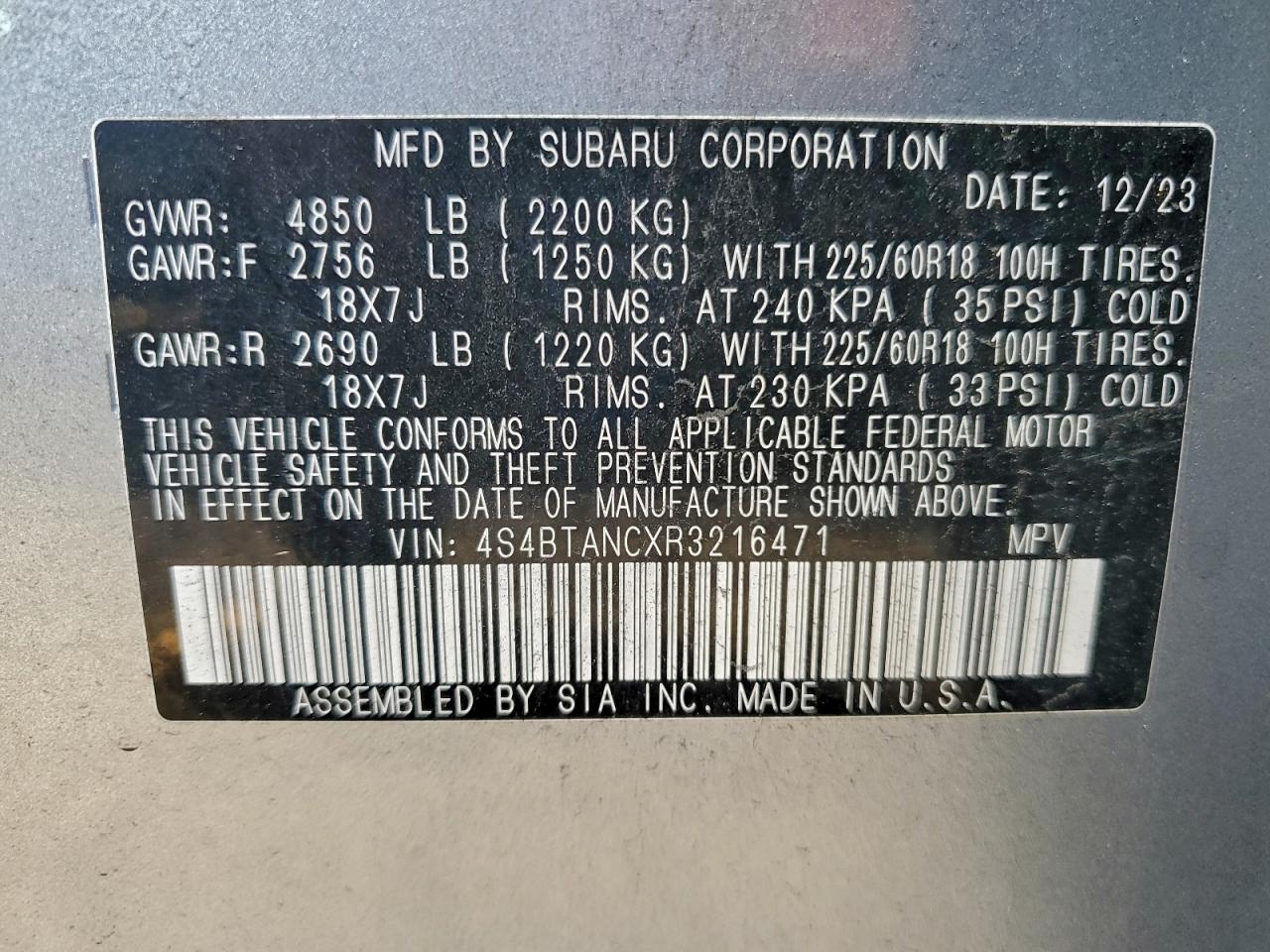 2024 Subaru Outback Limited VIN: 4S4BTANCXR3216471 Lot: 94168405