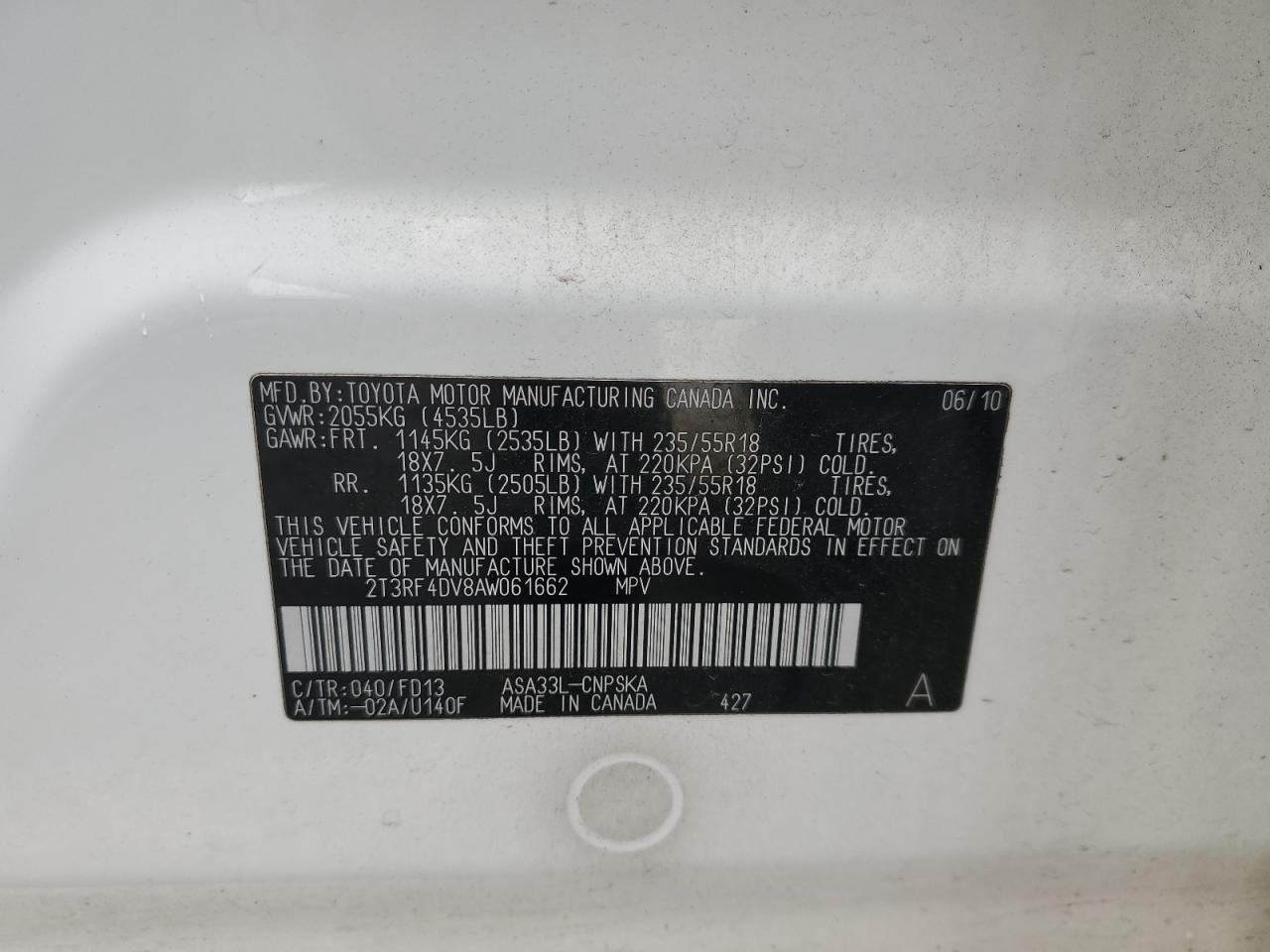 2010 Toyota Rav4 Sport VIN: 2T3RF4DV8AW061662 Lot: 92822165