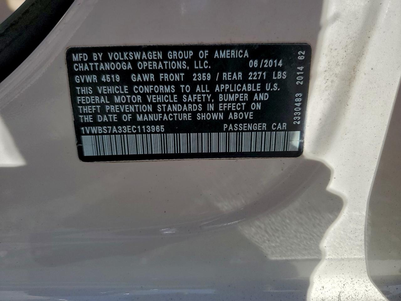 2014 Volkswagen Passat Se VIN: 1VWBS7A33EC113965 Lot: 93779385