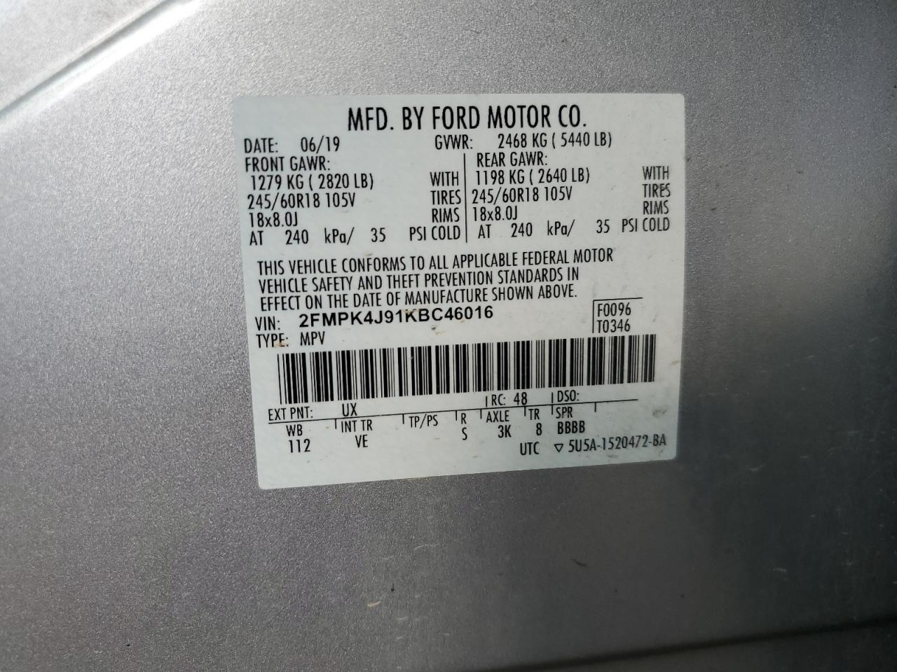 2019 Ford Edge Sel VIN: 2FMPK4J91KBC46016 Lot: 90933495