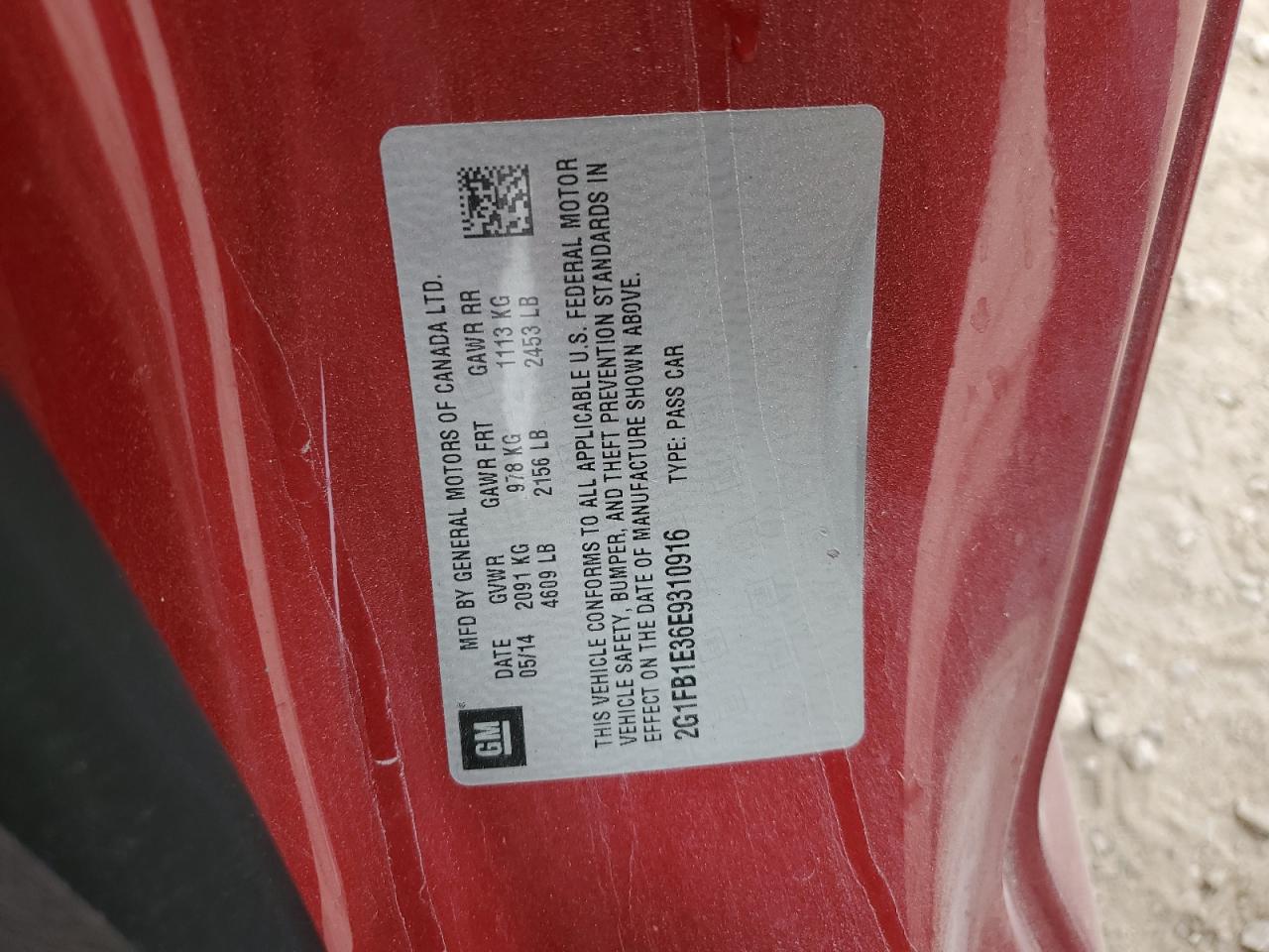 2014 Chevrolet Camaro Lt VIN: 2G1FB1E36E9310916 Lot: 93550875