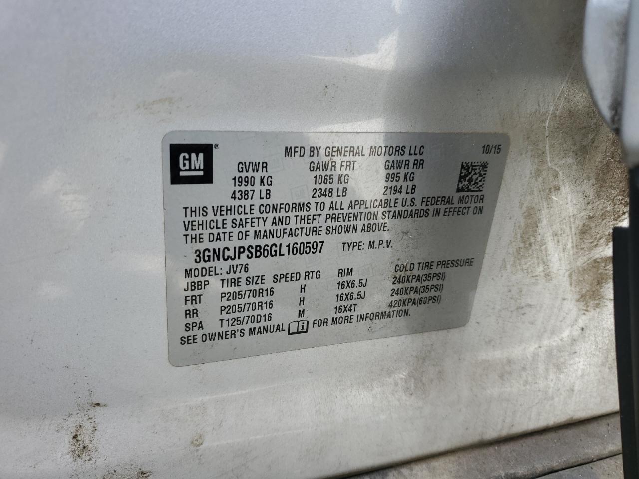 2016 Chevrolet Trax 1Lt VIN: 3GNCJPSB6GL160597 Lot: 91263795