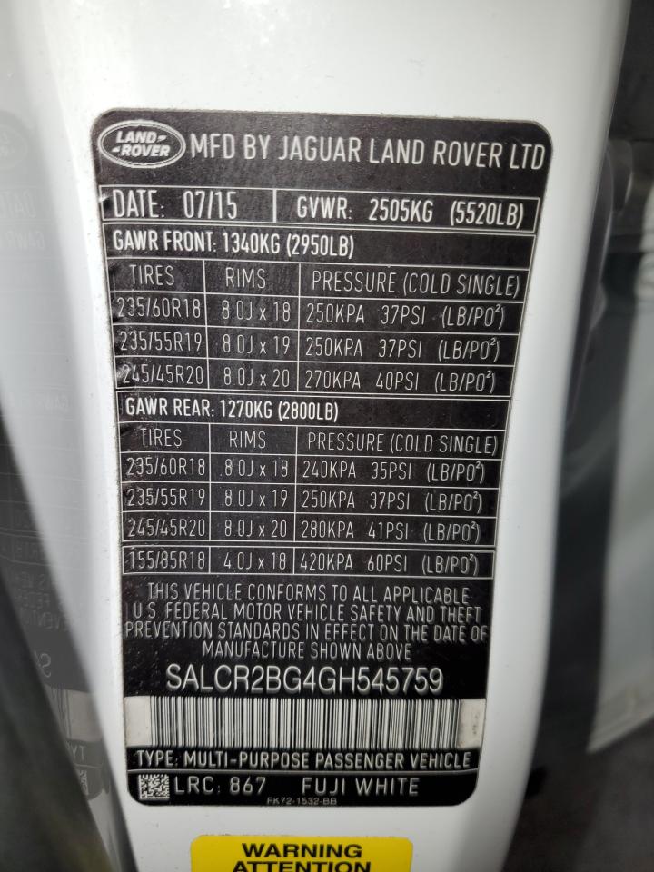 2016 Land Rover Discovery Sport Hse VIN: SALCR2BG4GH545759 Lot: 91890255