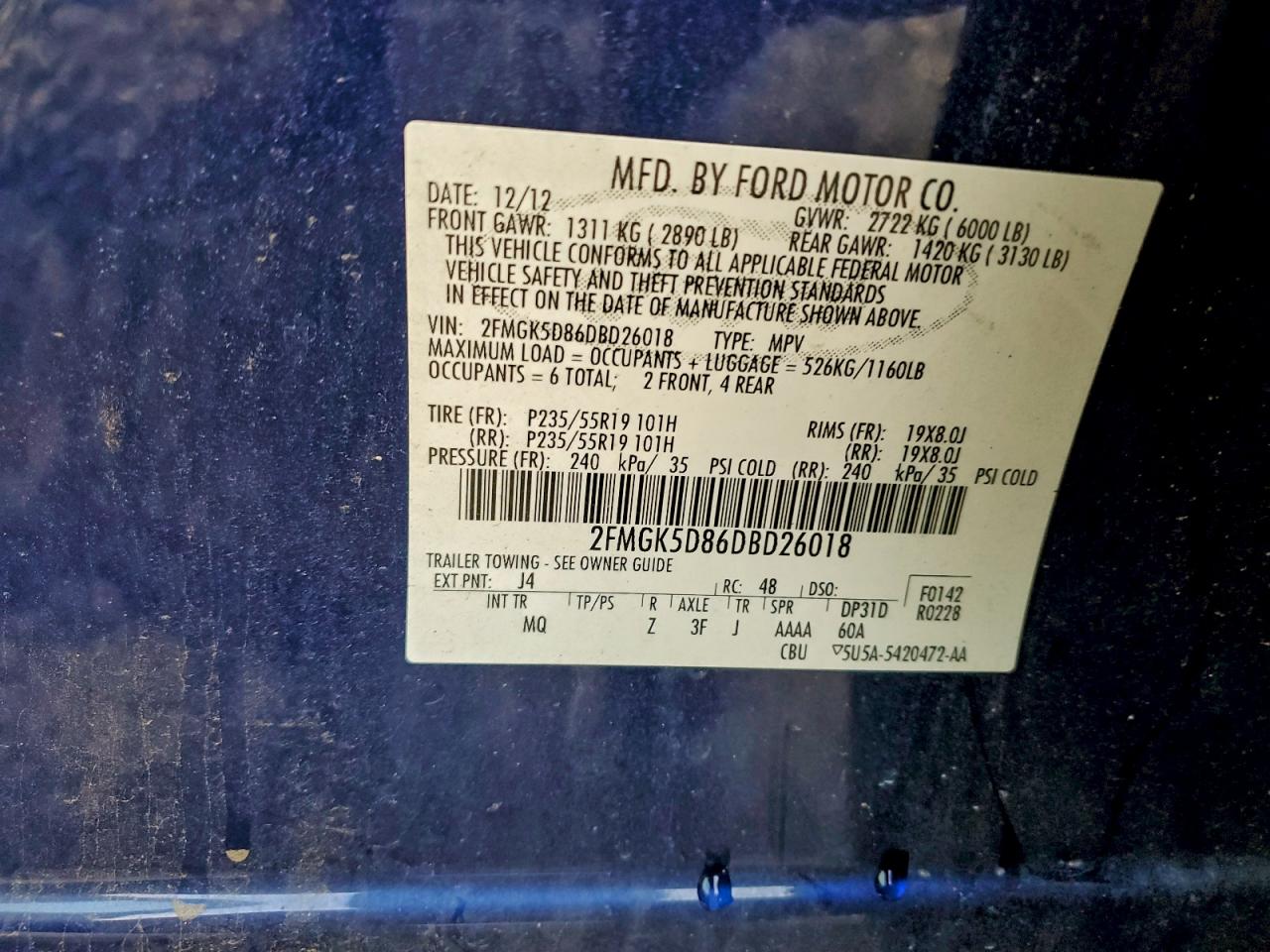 2013 Ford Flex Limited VIN: 2FMGK5D86DBD26018 Lot: 93339135