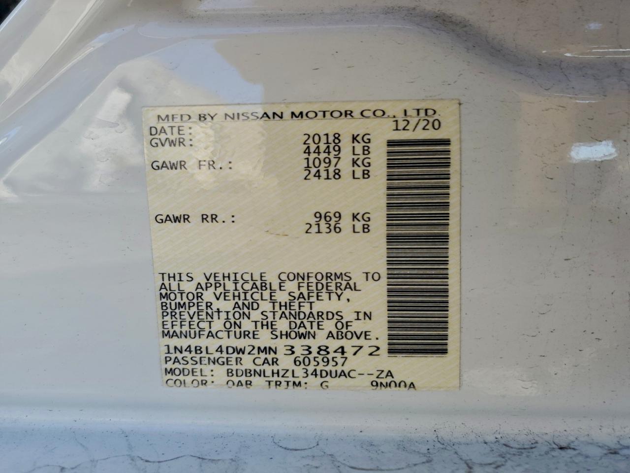 2021 Nissan Altima Sv VIN: 1N4BL4DW2MN338472 Lot: 93976415